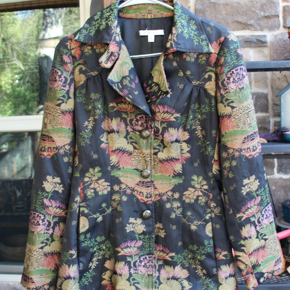 CAbi Black Floral Brocade Blazer with Pink, Green & Gold Accents